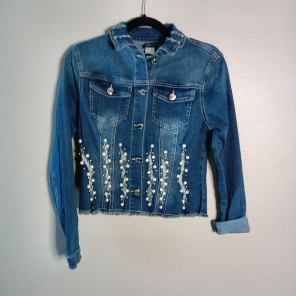 Venus Beaded Denim Jacket Blue Jean Button Down Pearls Size Small - Picture 2 of 13